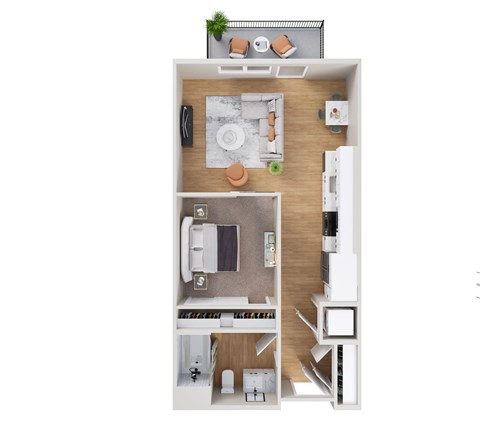 A top-down view of a small apartment with a kitchen, living room, and bathroom.